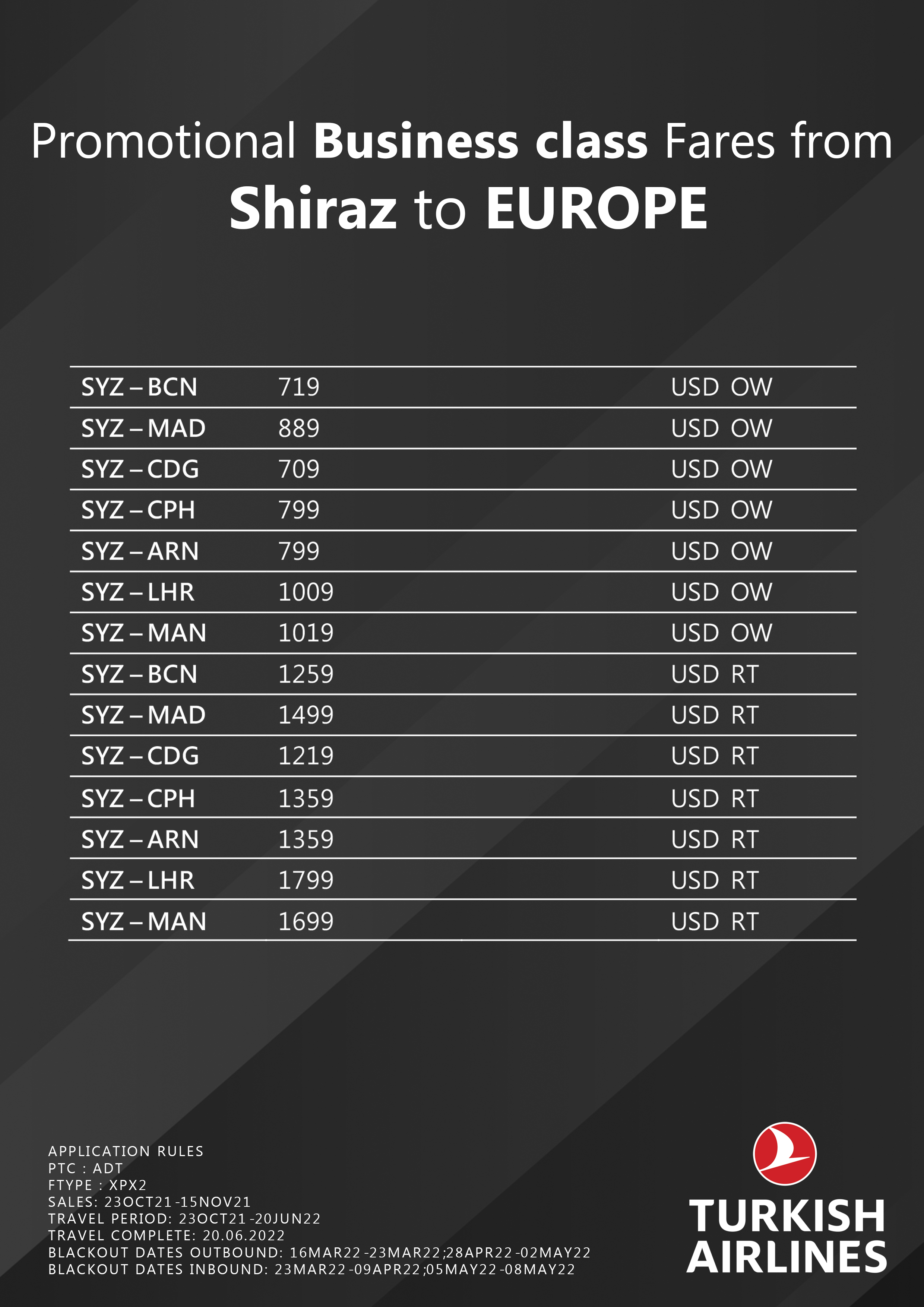 بخشنامه و اطلاعیه   هواپیمایی ترکیش درباره نرخهای ویژه از شیراز به اروپا در کلاس بیزینس