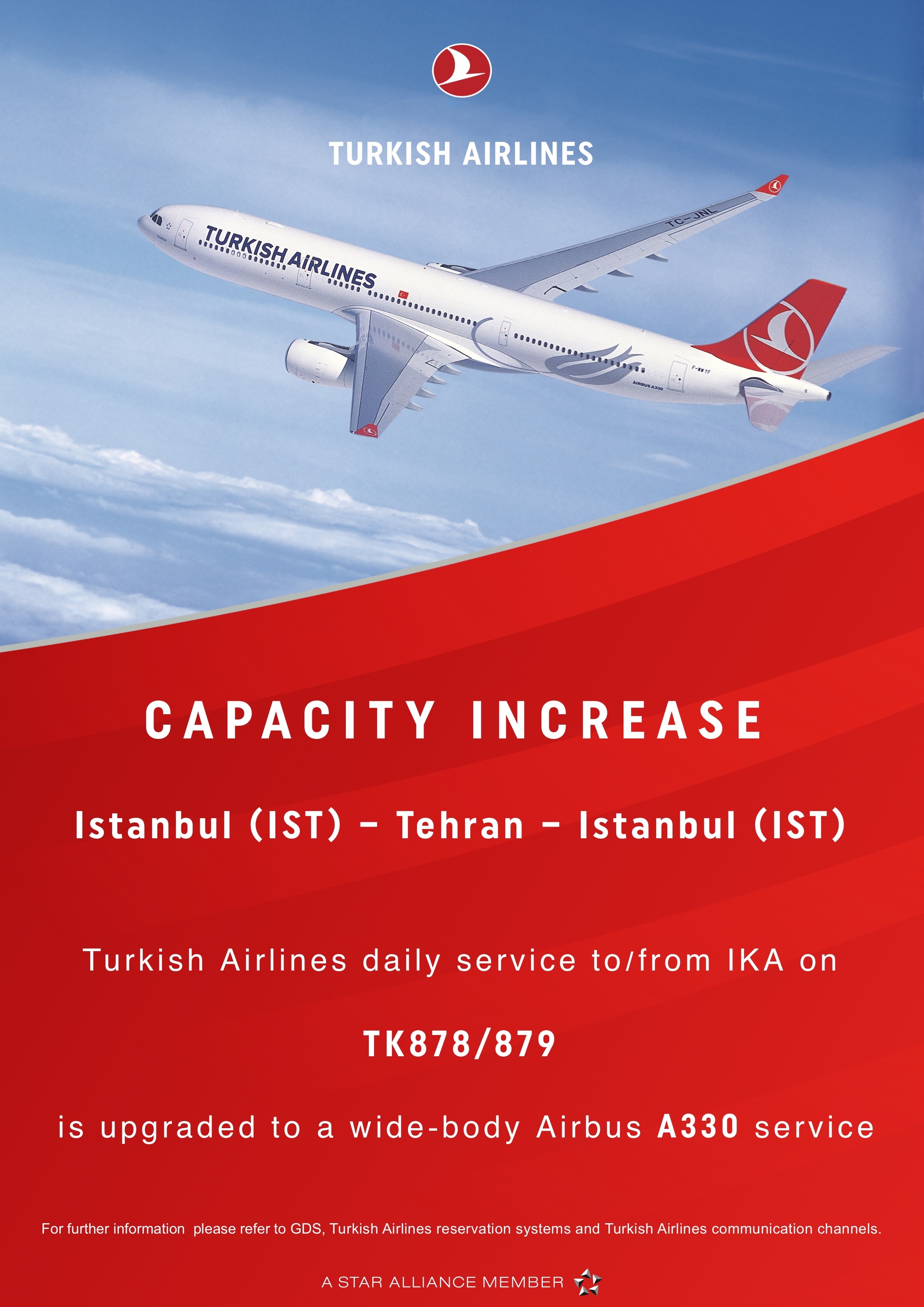 بخشنامه و اطلاعیه   هواپیمایی ترکیش درباره Capacity Increase on TK878 TK879