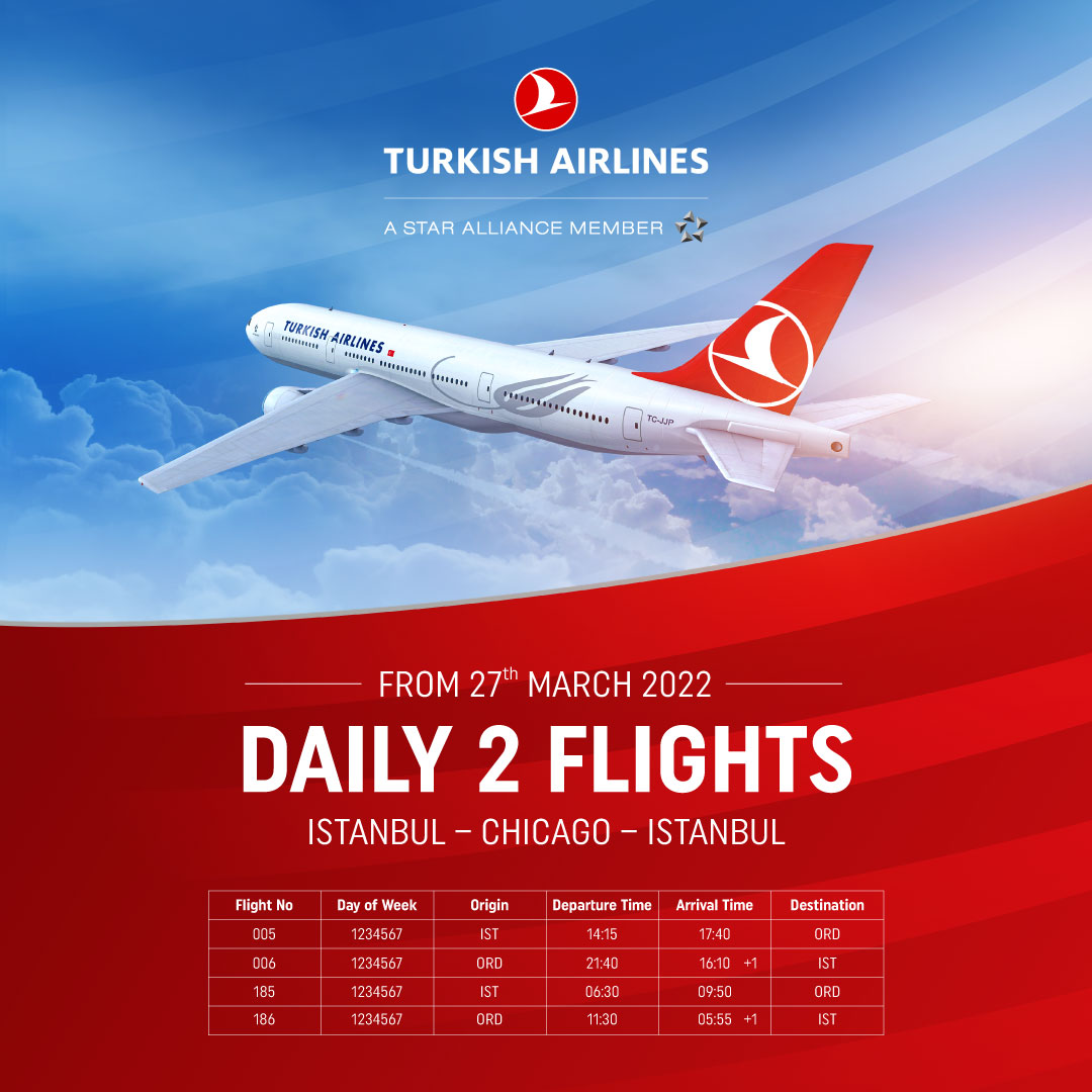 بخشنامه و اطلاعیه   هواپیمایی ترکیش درباره پرواز روزانه به شیکاگو