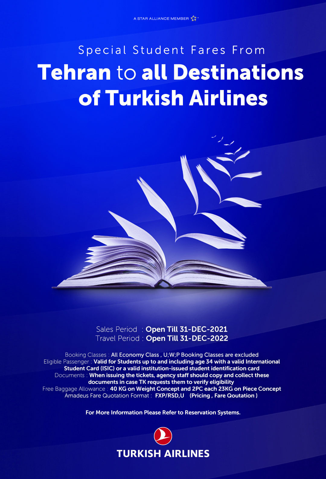 بخشنامه و اطلاعیه   هواپیمایی ترکیش درباره نرخ ویژه دانشجویی از تهران به تمام مقاصد 