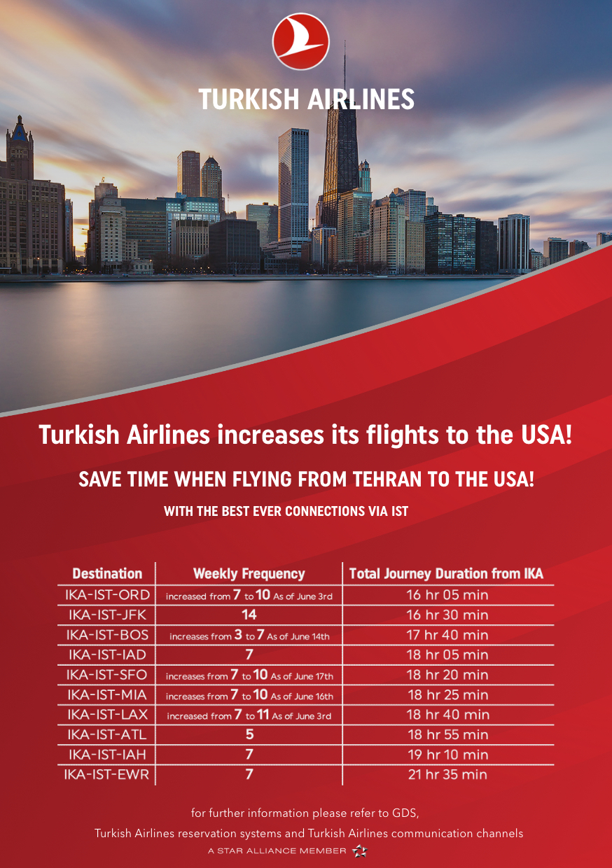 بخشنامه و اطلاعیه   هواپیمایی ترکیش درباره افزایش برنامه پروازی به ایالات متحده آمریکا
