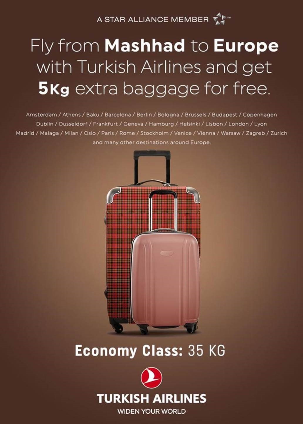 بخشنامه و اطلاعیه   هواپیمایی ترکیش درباره 35 کیلو گرم اضافه بار از مشهد به مقاصد اروپا