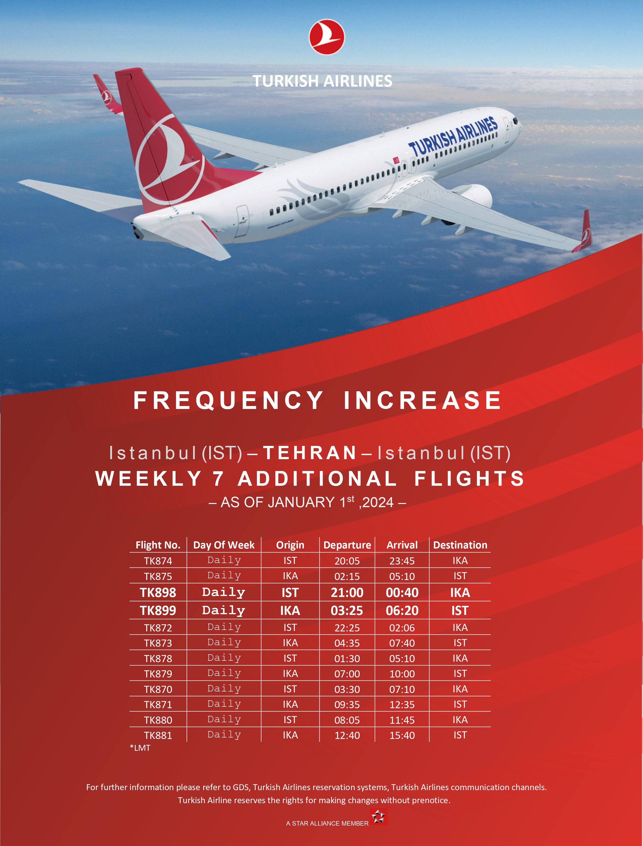 بخشنامه و اطلاعیه   هواپیمایی ترکیش درباره افزایش ظرفیت پرواز در مسیر استانبول تهران استانبول 