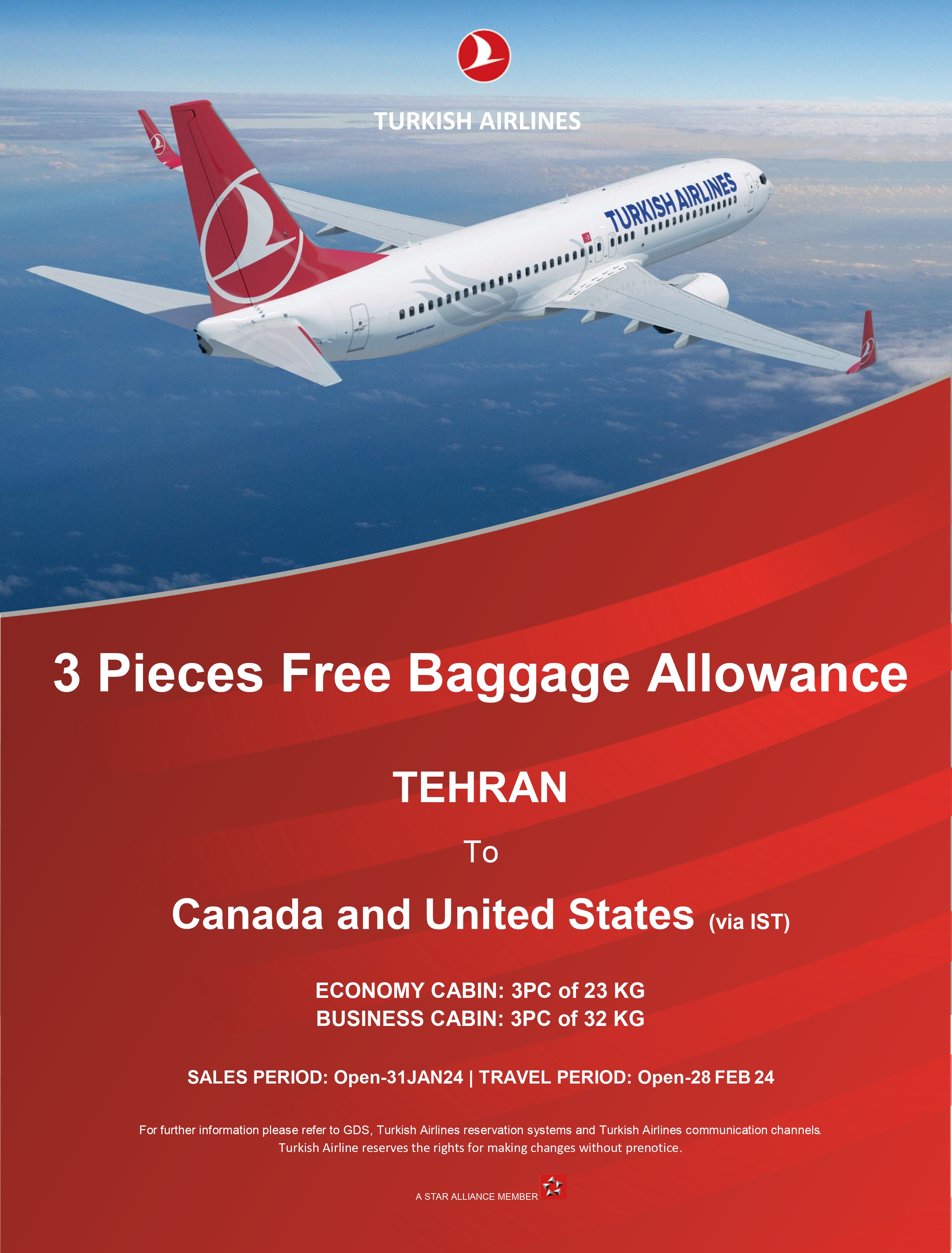 بخشنامه و اطلاعیه   هواپیمایی ترکیش درباره اضافه بار رایگان در مسیر آمریکا و کانادا